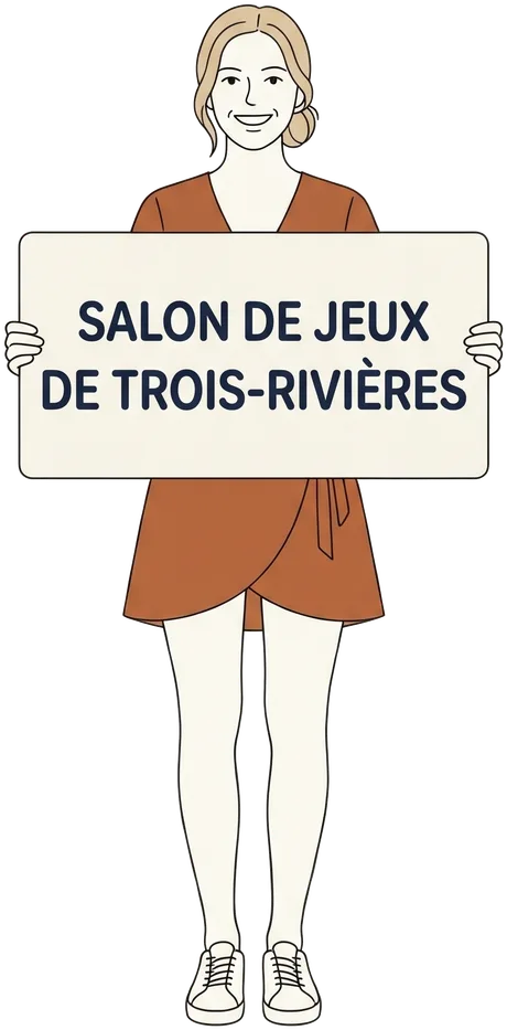 Jeune femme tenant une pancarte du Salon de jeux