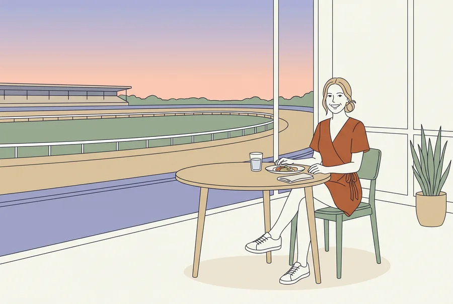Jeune femme à table devant une piste de courses